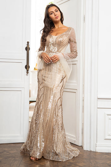 havfrue gylden mor kjole med lange ermer